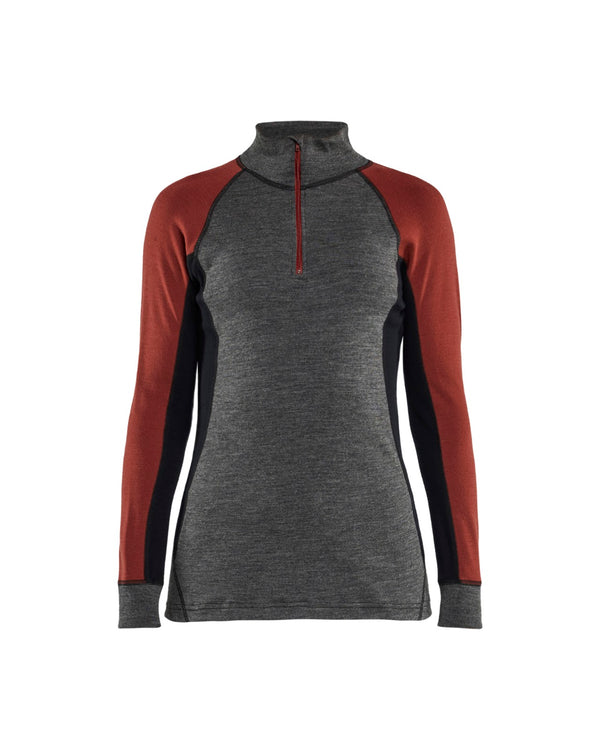 7299 Dames Onderhemd met halve rits merinowol XWARM - Medium grijs/Gebrand rood