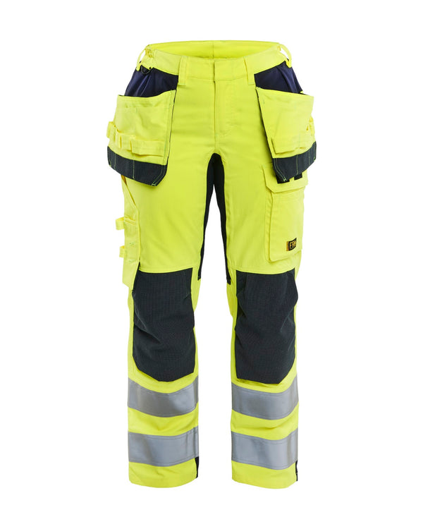 7145 Dames Multinorm werkbroek met stretch en gereedschapszakken inherent - High Vis Geel/Marineblauw