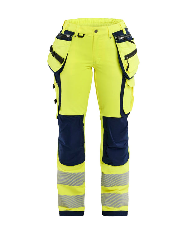 7197 Dames High Vis werkbroek 4-weg stretch met gereedschapszakken - High Vis Geel/Marineblauw