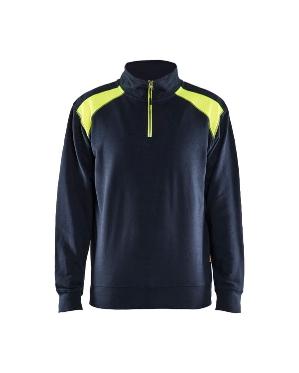 3353 Sweatshirt bi-colour met halve rits - Donker marineblauw/High Vis Geel