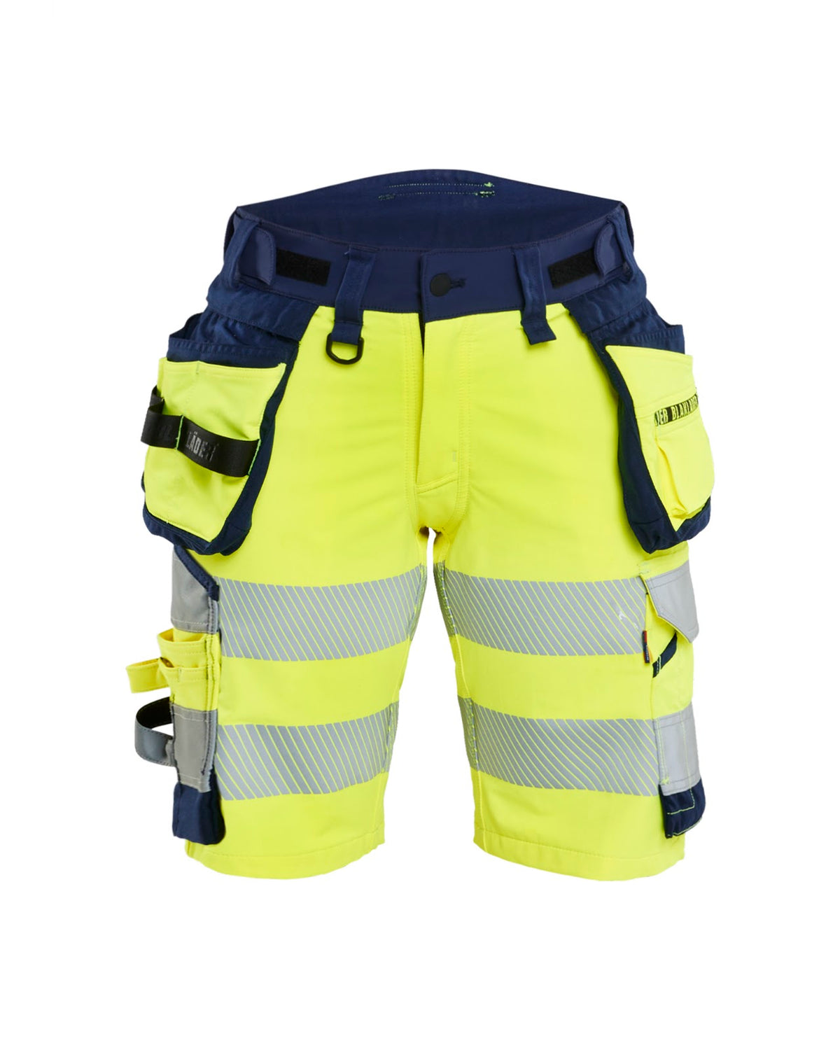 7020 Dames High Vis short 4-weg stretch met afneembare gereedschapzakken - High Vis Geel/Marineblauw