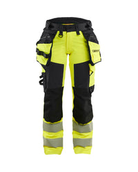 7022 Dames High Vis werkbroek 4-weg stretch met afneembare gereedschapszakken - High Vis Geel/Zwart