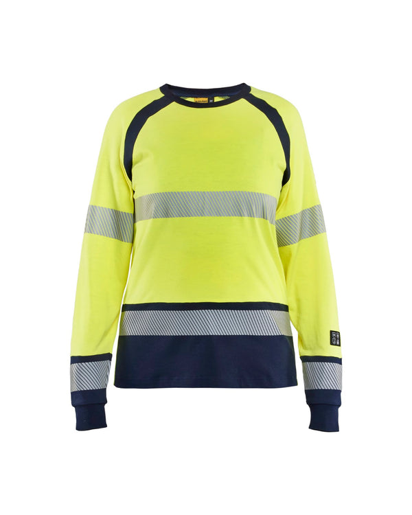 3437 Dames Multinorm T-shirt lange mouwen - High Vis Geel/Marineblauw
