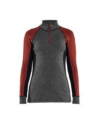 7299 Dames Onderhemd met halve rits merinowol XWARM - Medium grijs/Gebrand rood