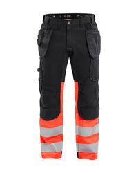 1558 High Vis werkbroek met stretch en gereedschapzakken - Zwart/High Vis Rood