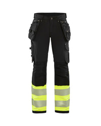 7193 Dames High Vis werkbroek 4-weg stretch met gereedschapszakken - Zwart/High Vis Geel