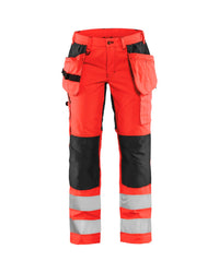 7163 Dames High Vis Werkbroek met stretch en gereedschapszakken - High Vis Rood/Zwart