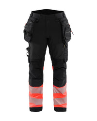 1821 High Vis werkbroek softshell met afneembare gereedschapszakken - Zwart/High Vis Rood