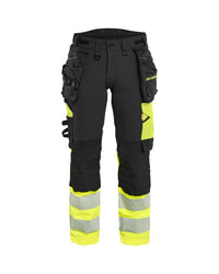7025 Dames High Vis werkbroek 4-weg stretch met afneembare gereedschapszakken - Zwart/High Vis Geel