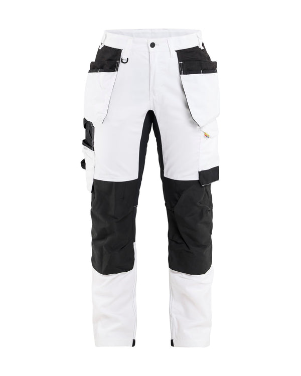 7232 Dames schildersbroek met stretch en gereedschapszakken - Wit/zwart
