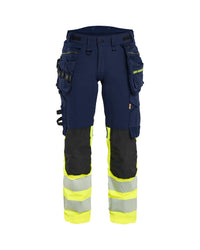 7025 Dames High Vis werkbroek 4-weg stretch met afneembare gereedschapszakken - Marine/High Vis Geel