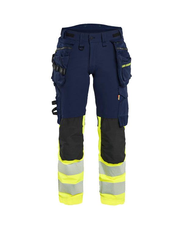 7025 Dames High Vis werkbroek 4-weg stretch met afneembare gereedschapszakken - Marine/High Vis Geel
