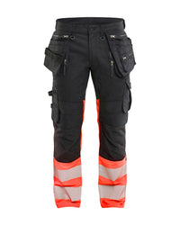 1130 High Vis Werkbroek Stretch met gereedschapzakken - Zwart/High Vis Rood