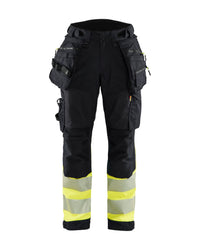 7114 Dames High Vis Werkbroek Softshell met afneembare gereedschapszakken - Zwart/High Vis Geel