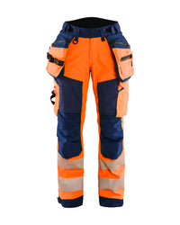 7118 Dames High Vis werkbroek softshell met afneembare gereedschapszakken - High Vis Oranje/Marineblauw