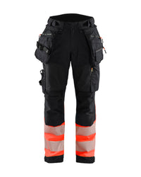 7114 Dames High Vis Werkbroek Softshell met afneembare gereedschapszakken - Zwart/High Vis Rood