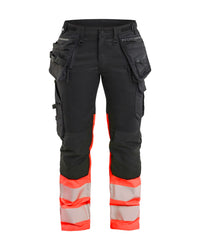 7030 Dames High Vis Werkbroek Stretch met gereedschapszakken - Zwart/High Vis Rood
