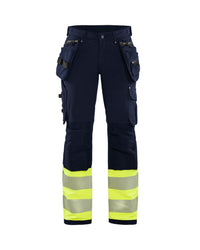 7193 Dames High Vis werkbroek 4-weg stretch met gereedschapszakken - Marine/High Vis Geel