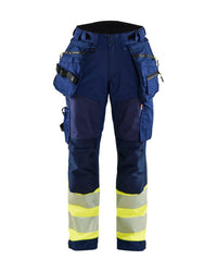 7114 Dames High Vis Werkbroek Softshell met afneembare gereedschapszakken - Marine/High Vis Geel