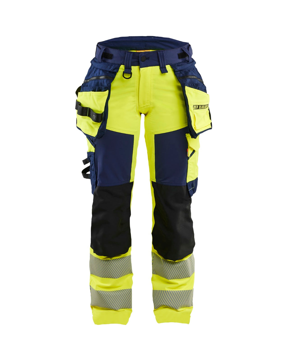 7022 Dames High Vis werkbroek 4-weg stretch met afneembare gereedschapszakken - High Vis Geel/Marineblauw