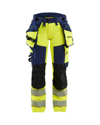 7022 Dames High Vis werkbroek 4-weg stretch met afneembare gereedschapszakken - High Vis Geel/Marineblauw