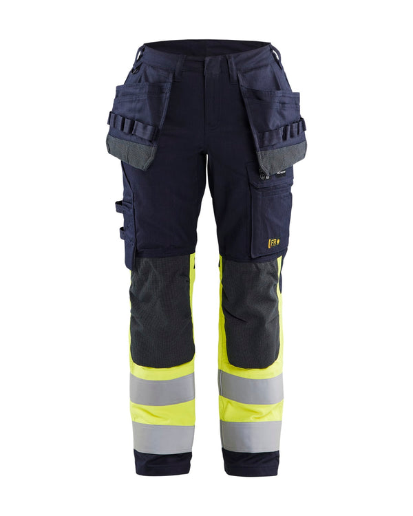 7185 Dames Multinorm werkbroek stretch met gereedschapszakken Inherent - Marine/High Vis Geel