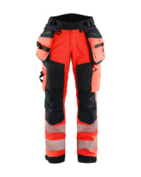 7118 Dames High Vis werkbroek softshell met afneembare gereedschapszakken - High Vis Rood/Zwart