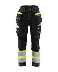 7196 Dames High Vis werkbroek met stretch en gereedschapszakken katoen - Zwart/High Vis Geel