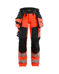 7022 Dames High Vis werkbroek 4-weg stretch met afneembare gereedschapszakken - High Vis Rood/Zwart