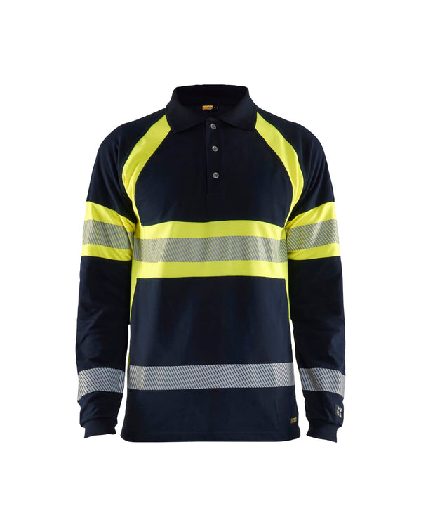 3438 Multinorm piqué polo lange mouwen Inherent - Marine/High Vis Geel