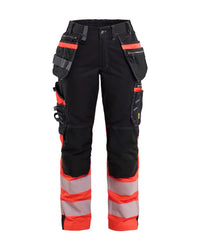 7196 Dames High Vis werkbroek met stretch en gereedschapszakken katoen - Zwart/High Vis Rood