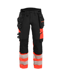 7025 Dames High Vis werkbroek 4-weg stretch met afneembare gereedschapszakken - Zwart/High Vis Rood